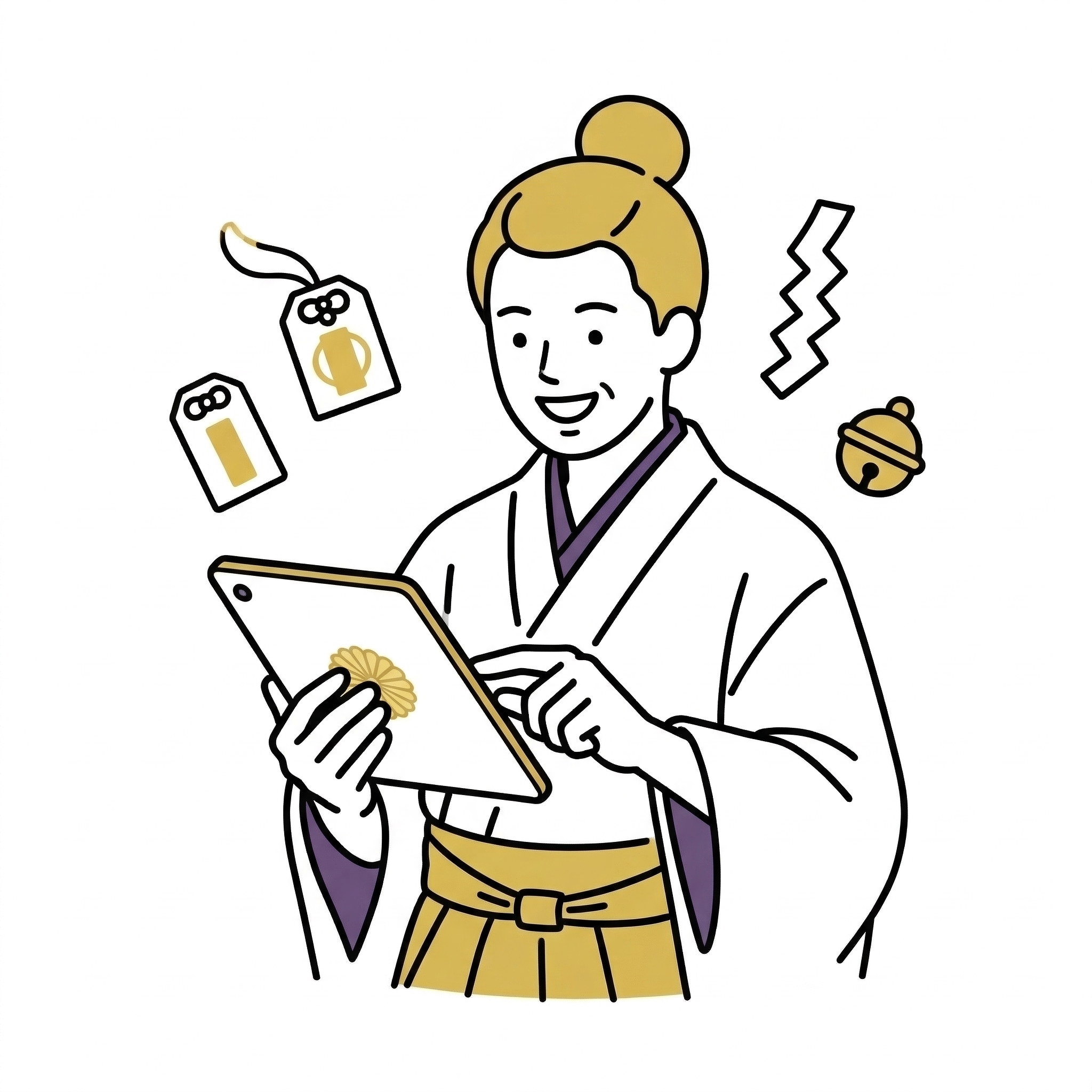 タブレットを操作する神主